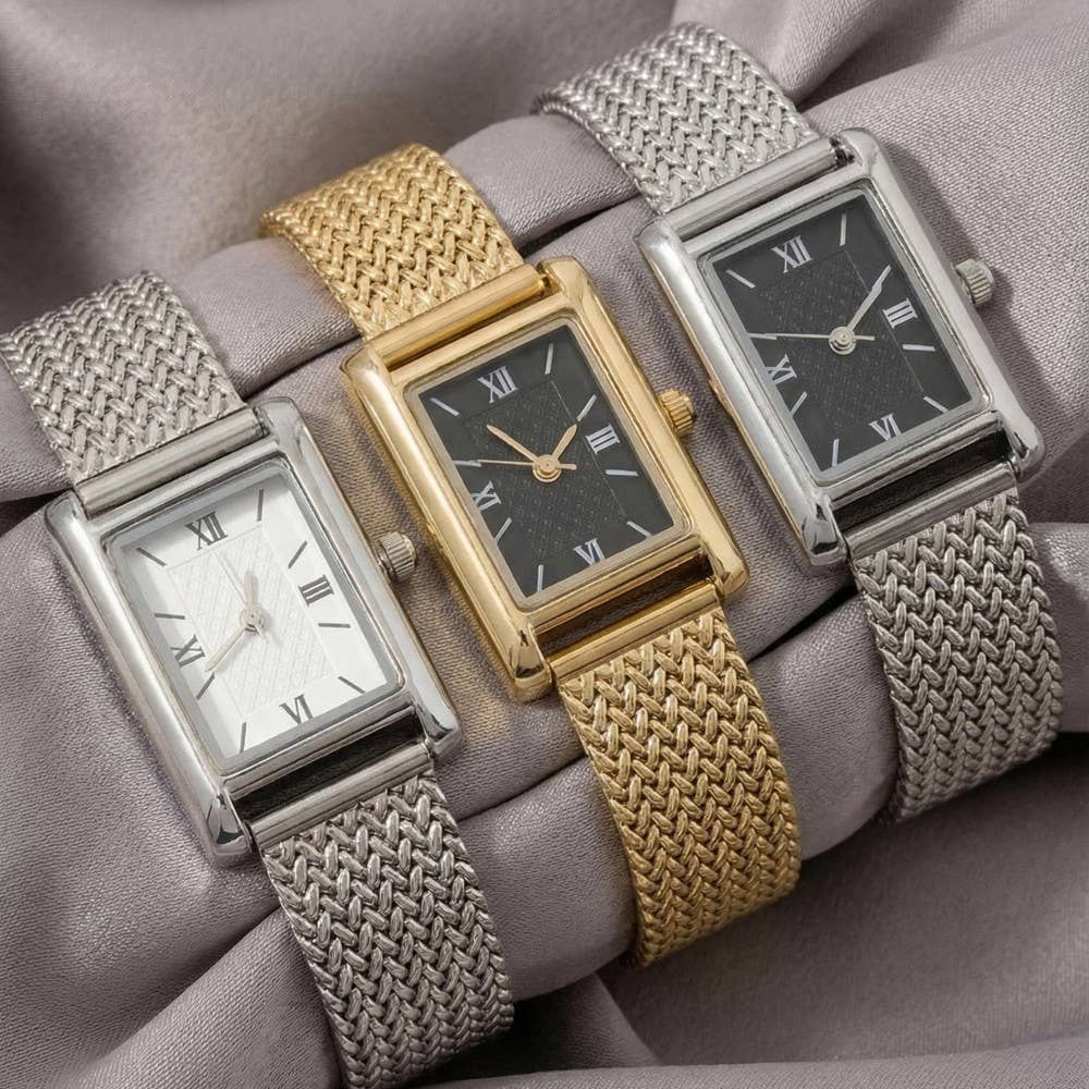 Square Case Mesh Band Roman Numeral Watch
