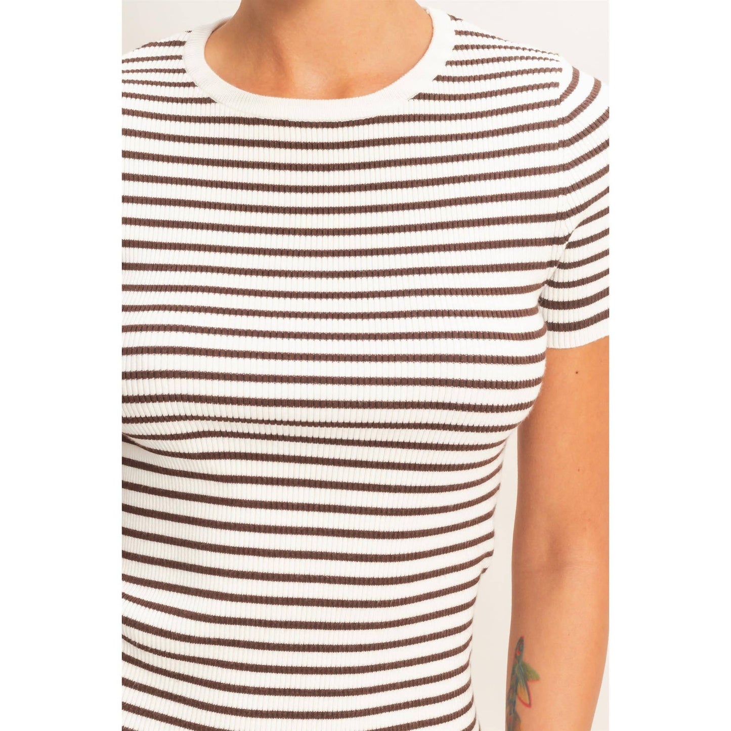 Annie Striped Ribbed Short Sleeve Crew Neck Knit Top