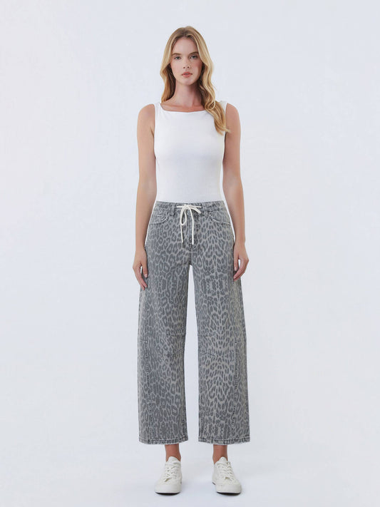 Kate Grey Leopard Barrel Drawstring Jeans