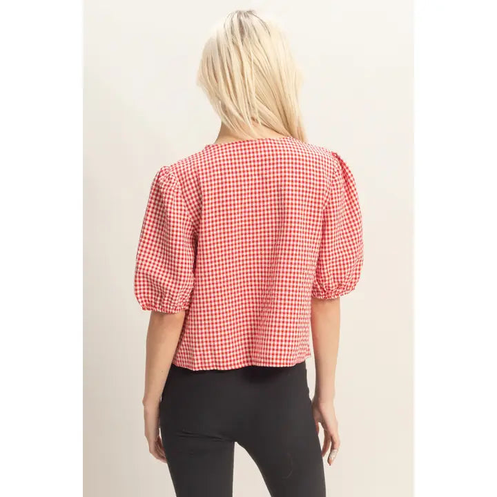Gingham Bow Tie Puff Sleeve Blouse