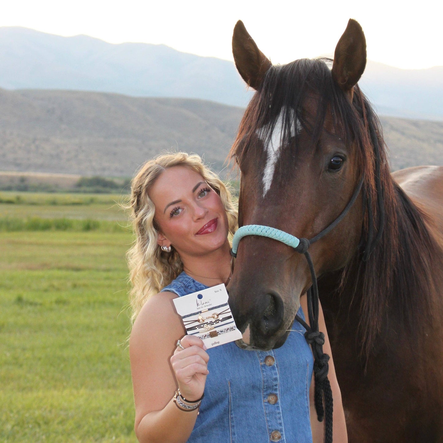 "Gallop" Horse & Bit Equestrian Accents in Rich Brown & Blue Hair Tie Bracelets