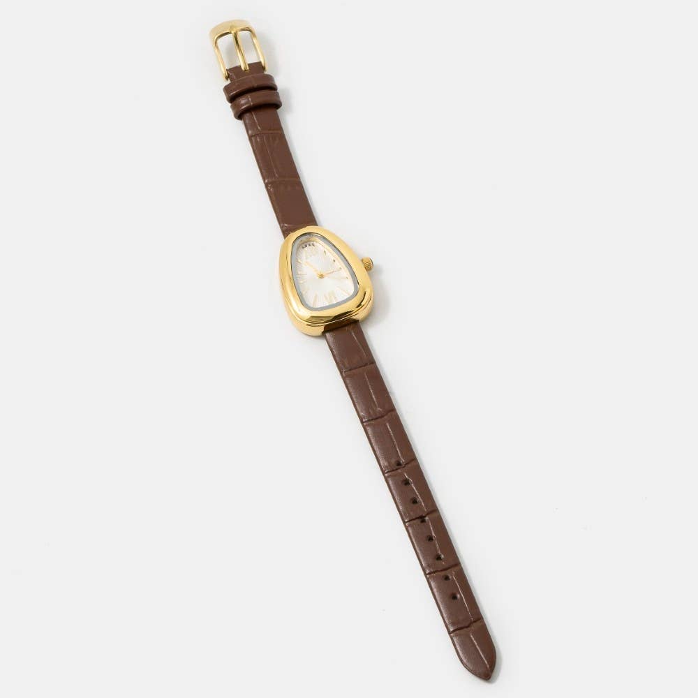 Oval Dome Case Croc Embossed Leather Strap Watch