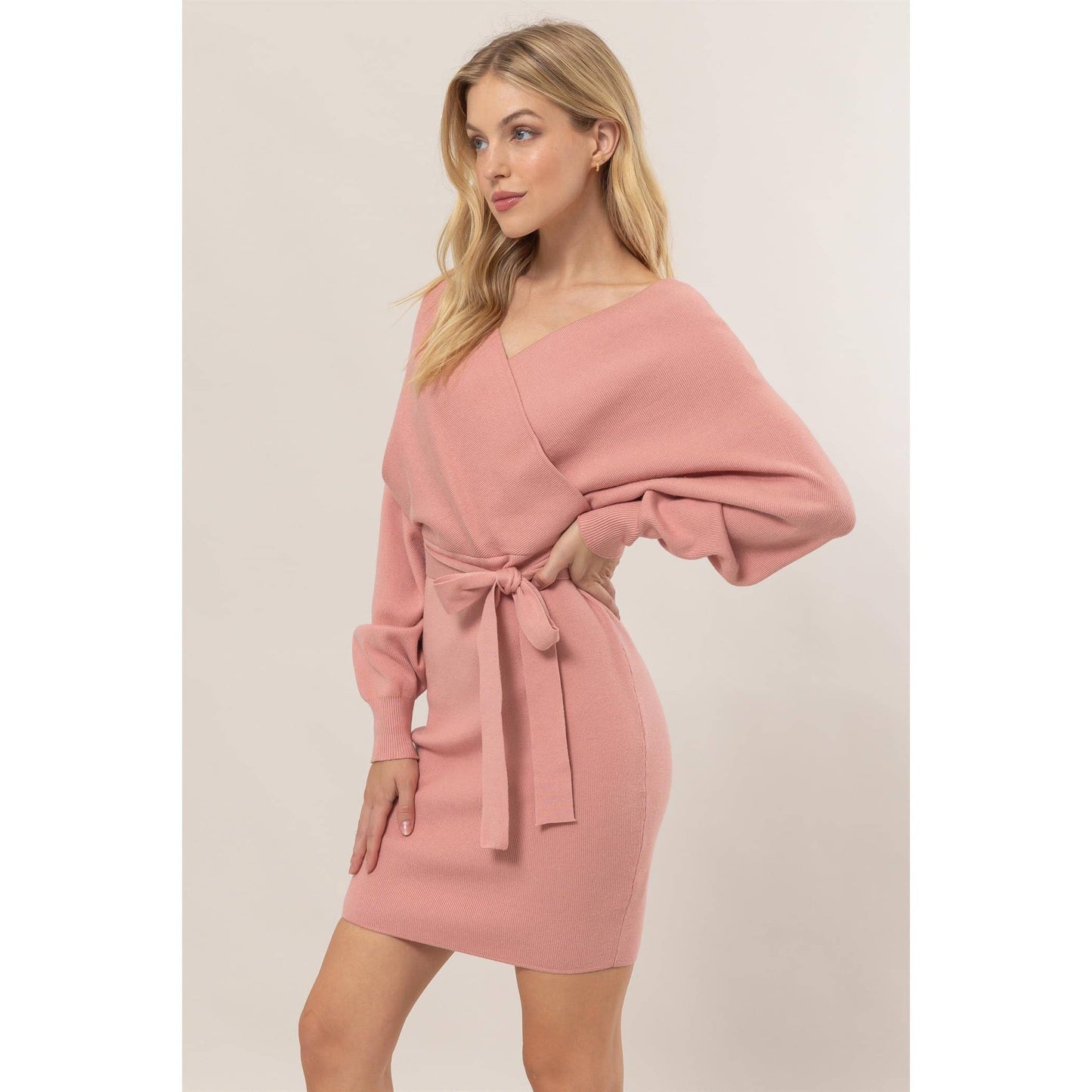 Kaitlin Knit Surplice Belted Mini Dress