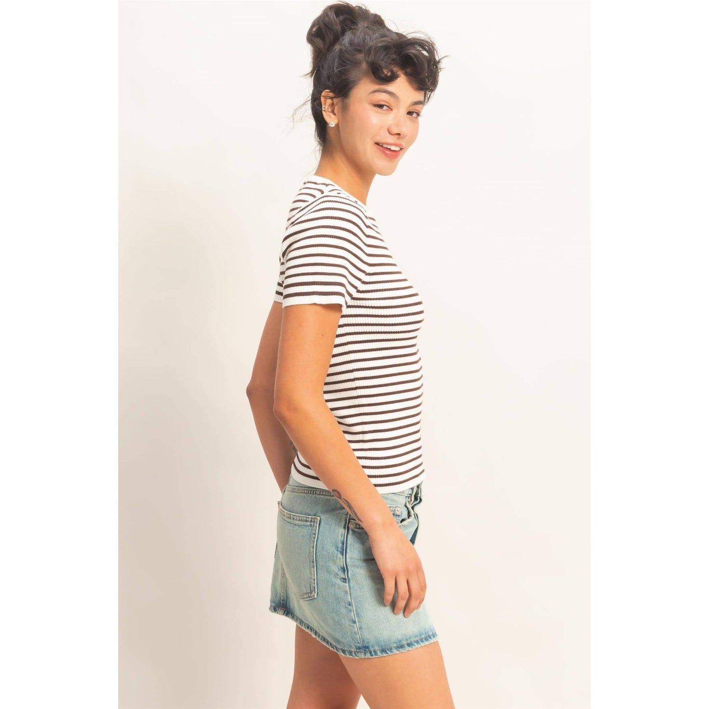 Annie Striped Ribbed Short Sleeve Crew Neck Knit Top