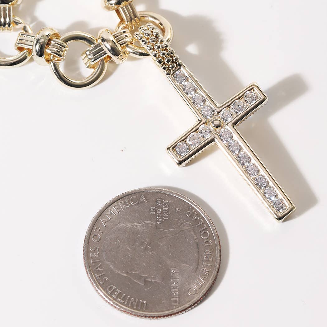 Gold Omega Link CZ Pave Cross Necklace