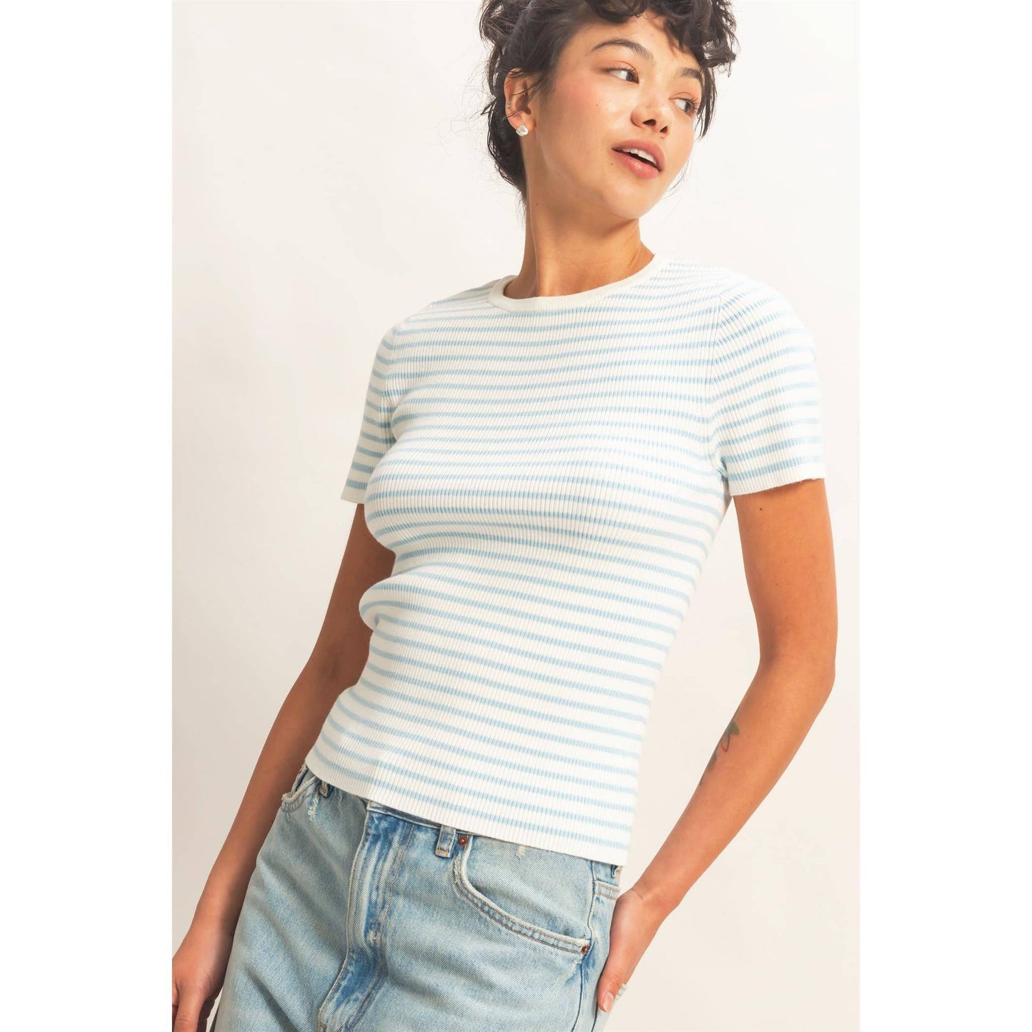 Annie Striped Ribbed Short Sleeve Crew Neck Knit Top