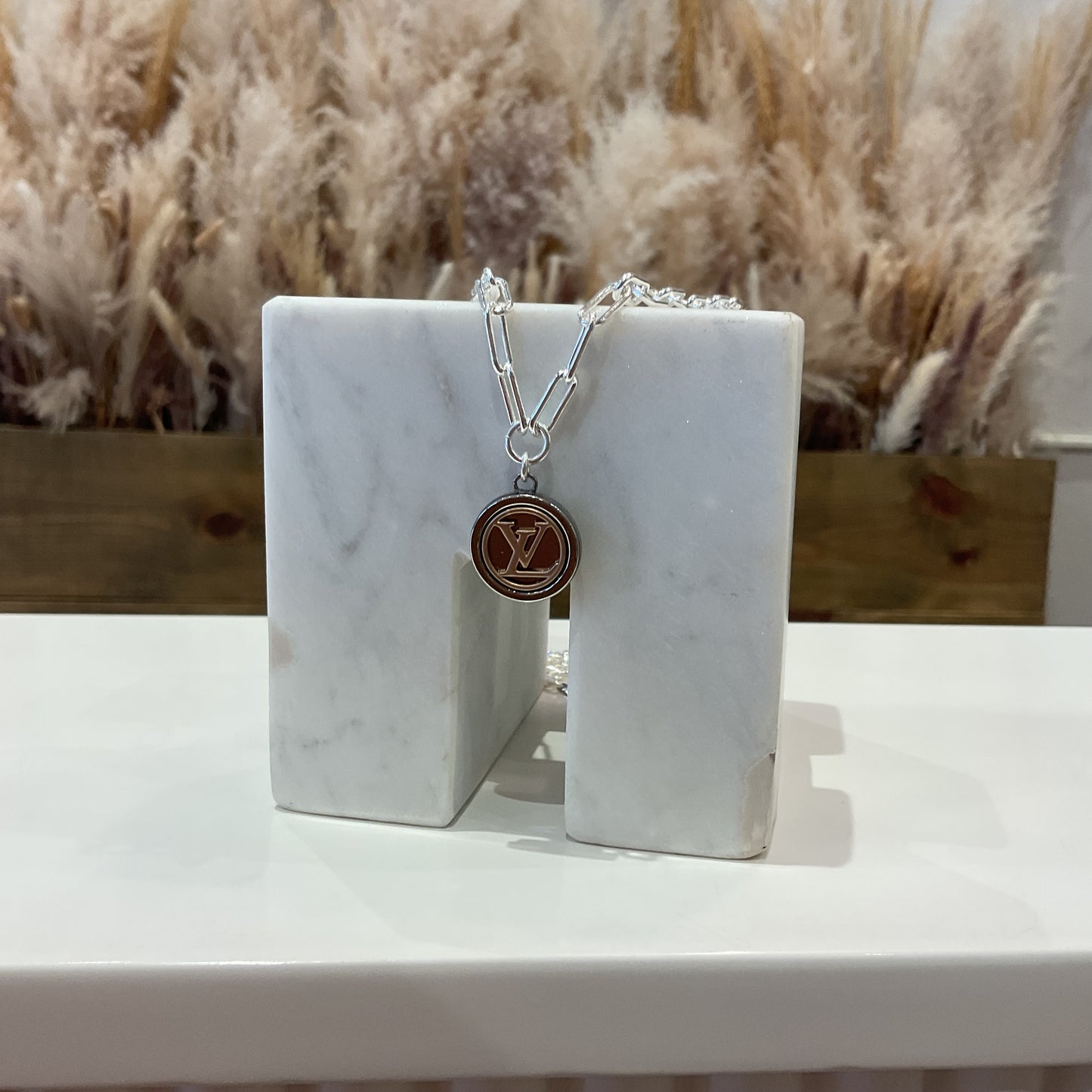 Silver LV Mixed Metal Paperclip Necklace