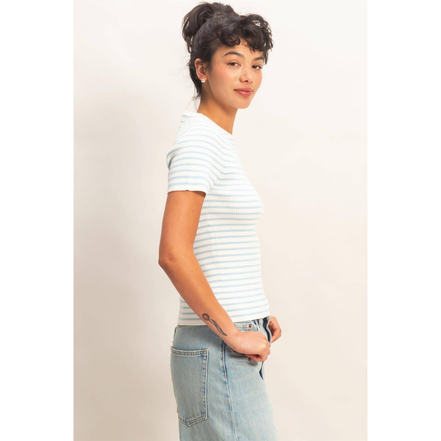 Annie Striped Ribbed Short Sleeve Crew Neck Knit Top