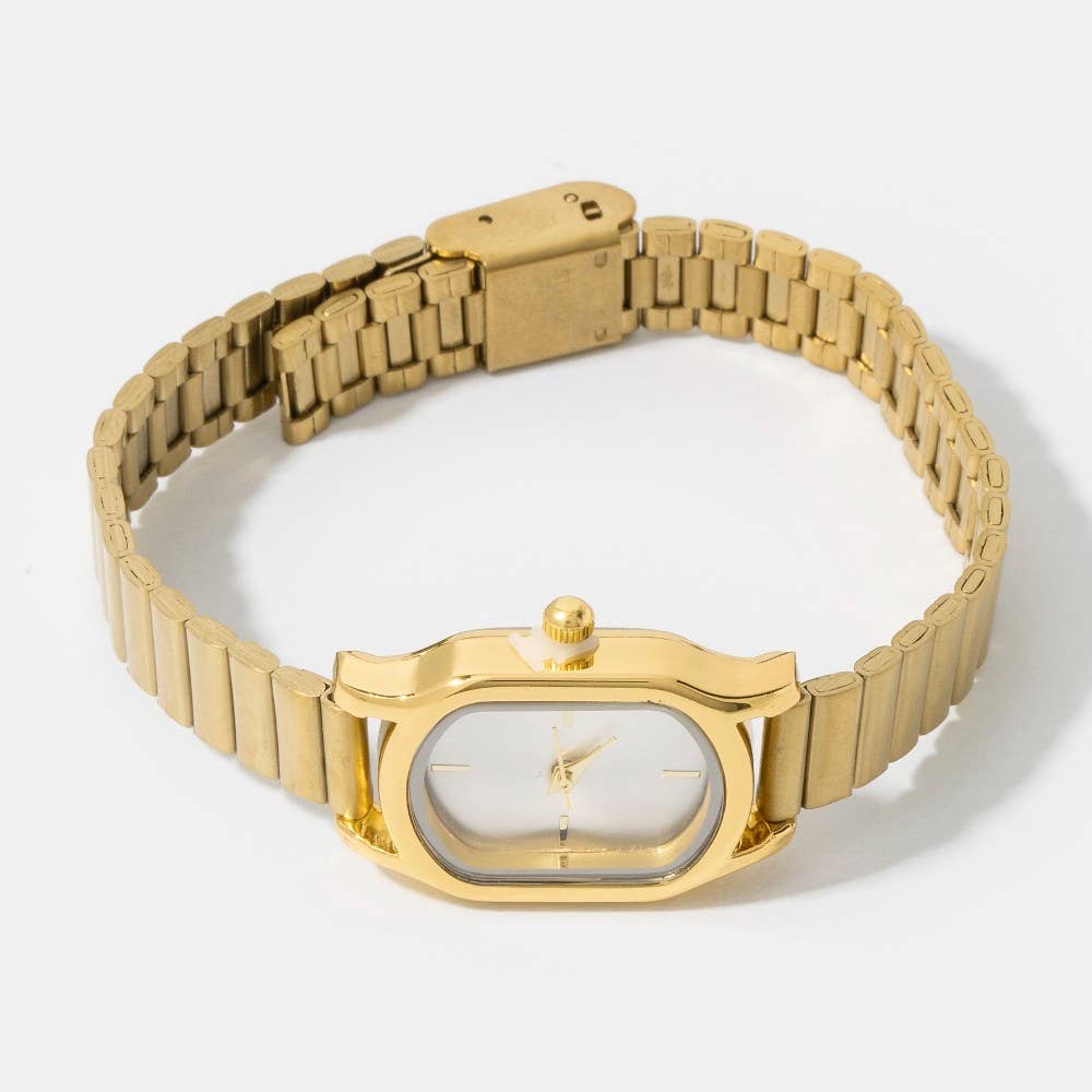 Ribbed Cushion Metallic Band Minimalist Rectangle Watch