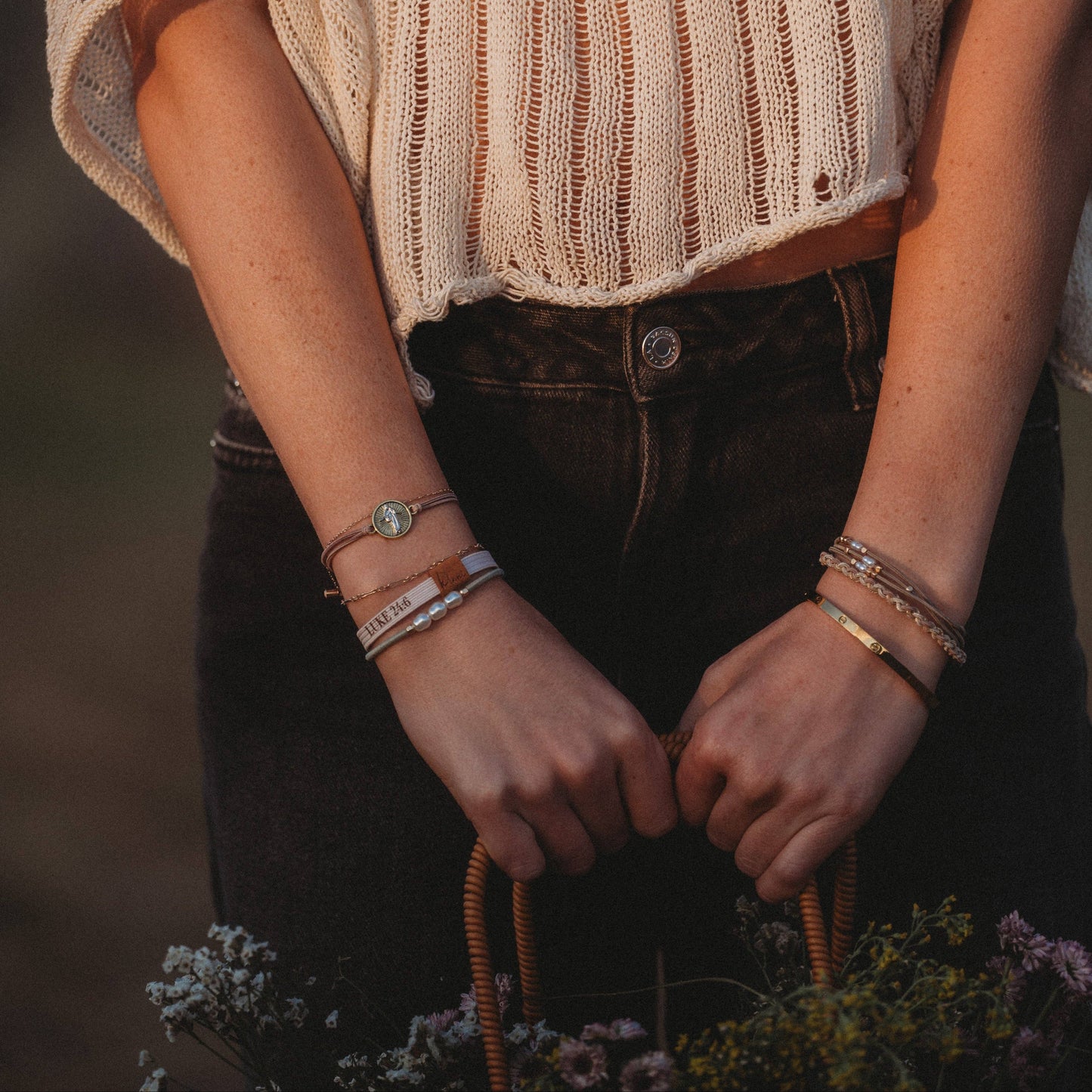 "Risen" Warm Neutrals with Gold Christus Hair Tie Bracelets