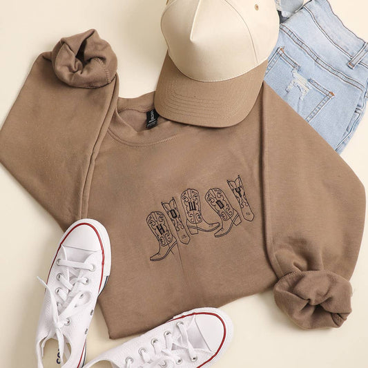 Howdy Cowboy Boots Embroidered Midweight Crewneck Sweatshirt