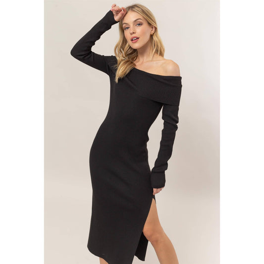 Kira Off-shoulder Ribbed Knit Midi Dress