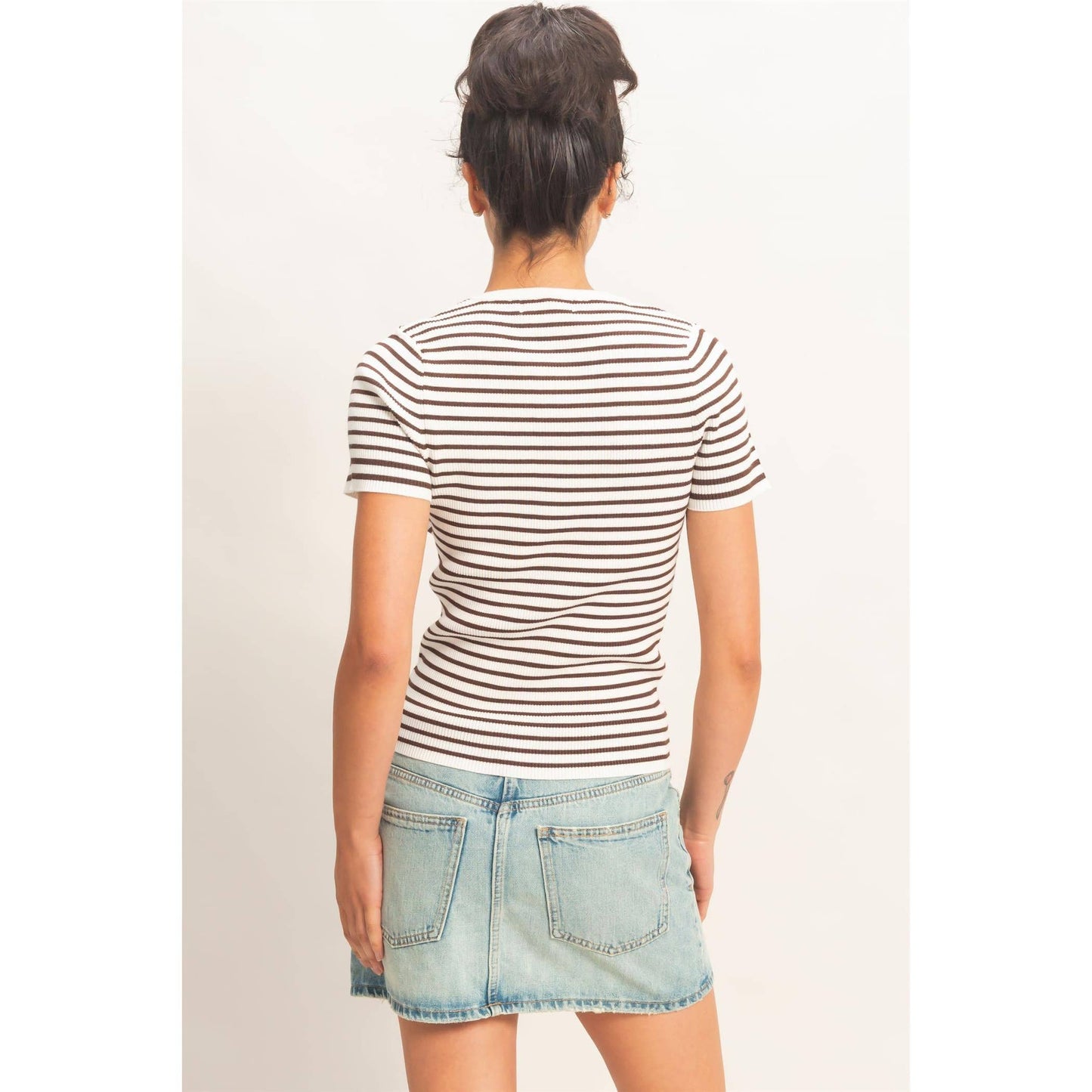 Annie Striped Ribbed Short Sleeve Crew Neck Knit Top