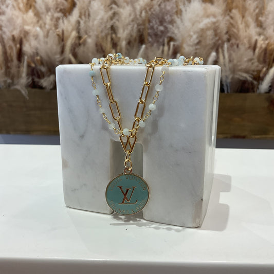 Gold/Blue LV Paperclip Bead Necklace