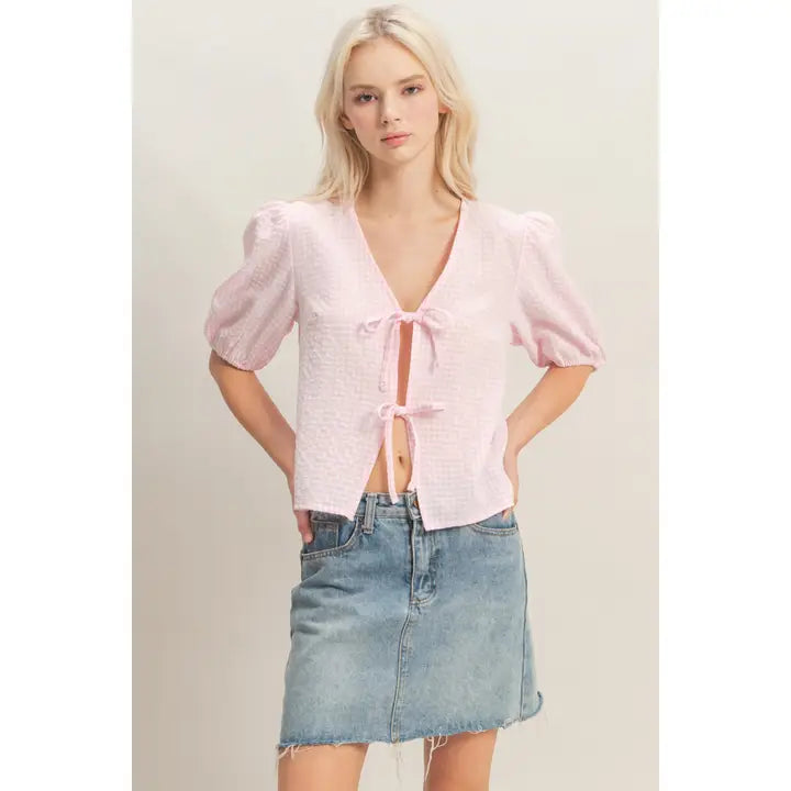 Gingham Bow Tie Puff Sleeve Blouse