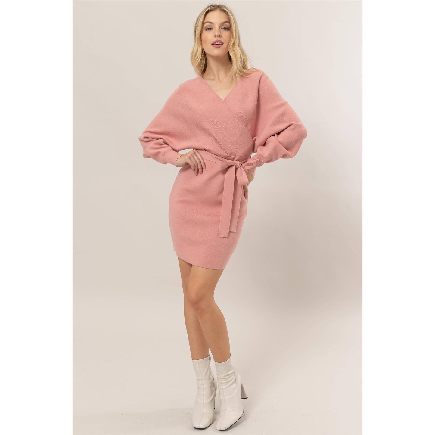 Kaitlin Knit Surplice Belted Mini Dress