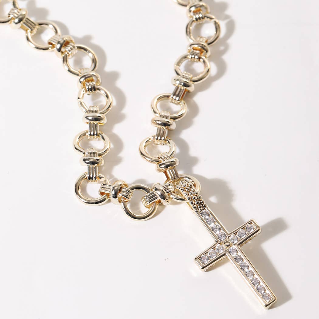 Gold Omega Link CZ Pave Cross Necklace