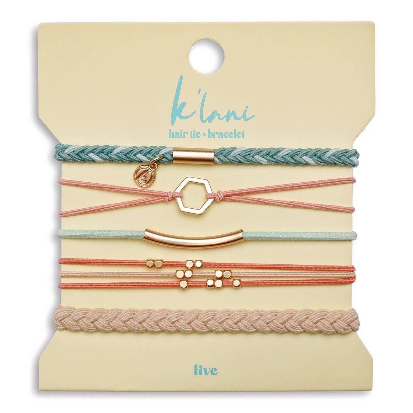 "Live" Teal and Coral with Gold Accent Hair Tie Bracelets
