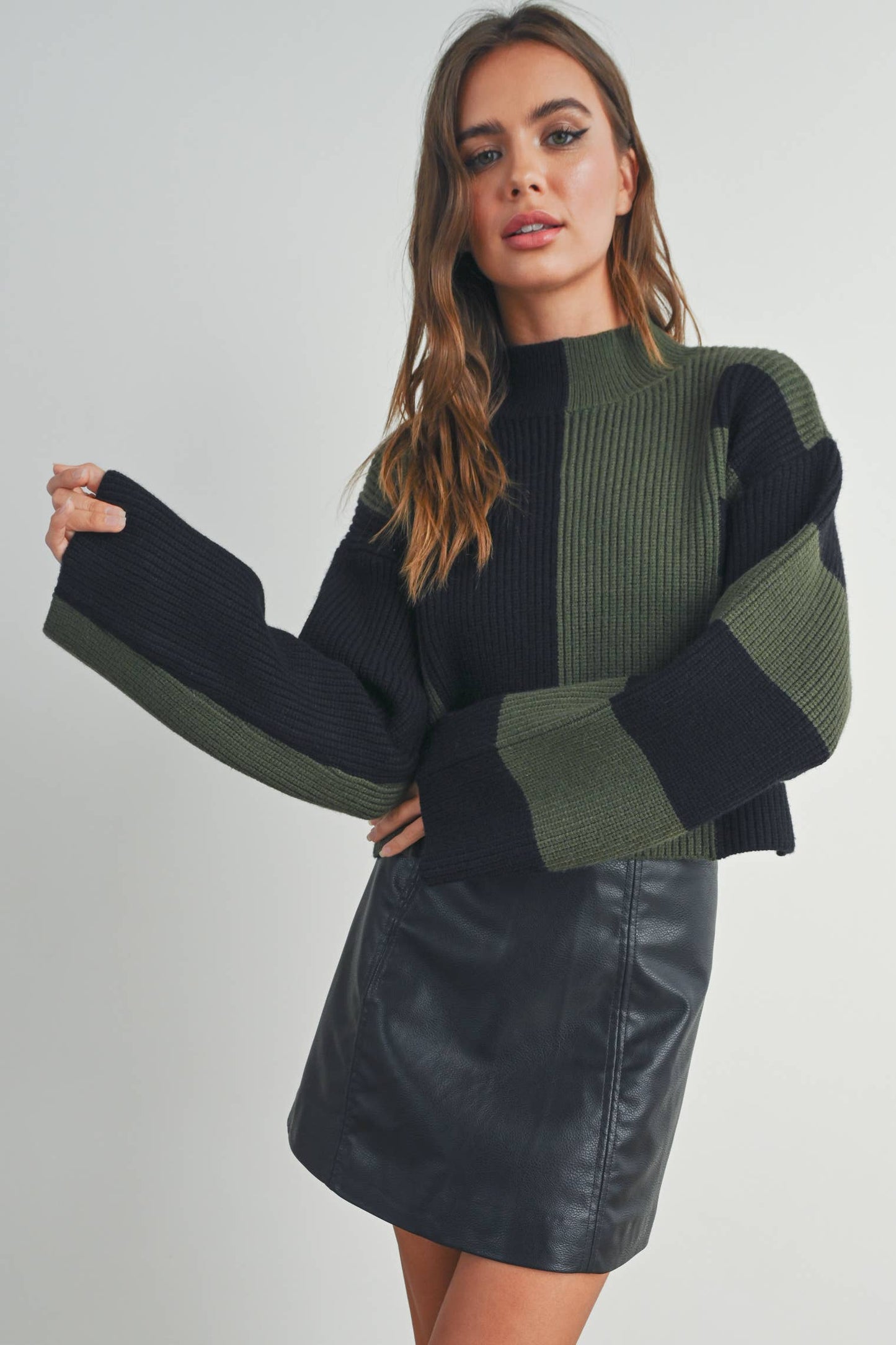 Color Block Mock Turtleneck Sweater