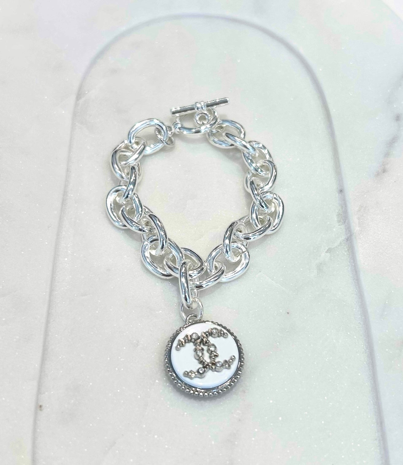 White Rhinestone Chanel Rolo Bracelet - Silver