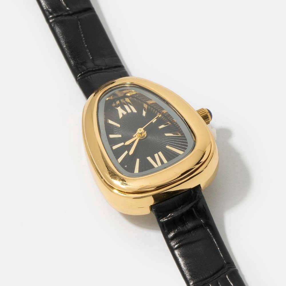 Oval Dome Case Croc Embossed Leather Strap Watch