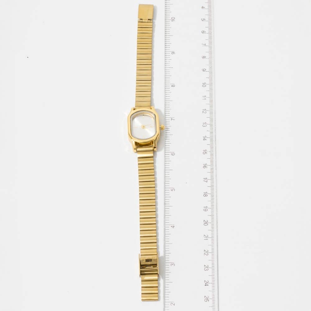 Ribbed Cushion Metallic Band Minimalist Rectangle Watch