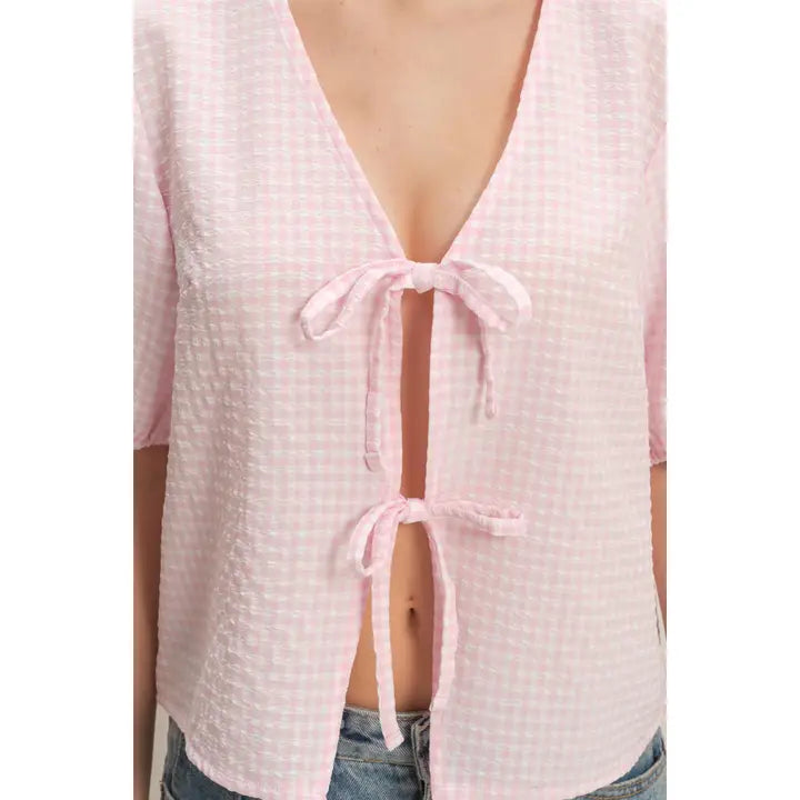 Gingham Bow Tie Puff Sleeve Blouse