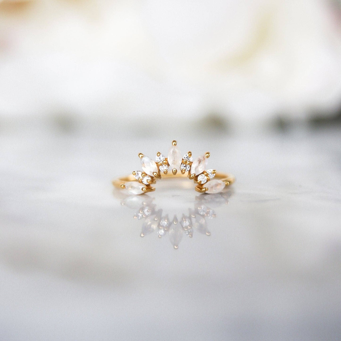Rainbow Moonstone & Diamond Sunrise Arc Ring