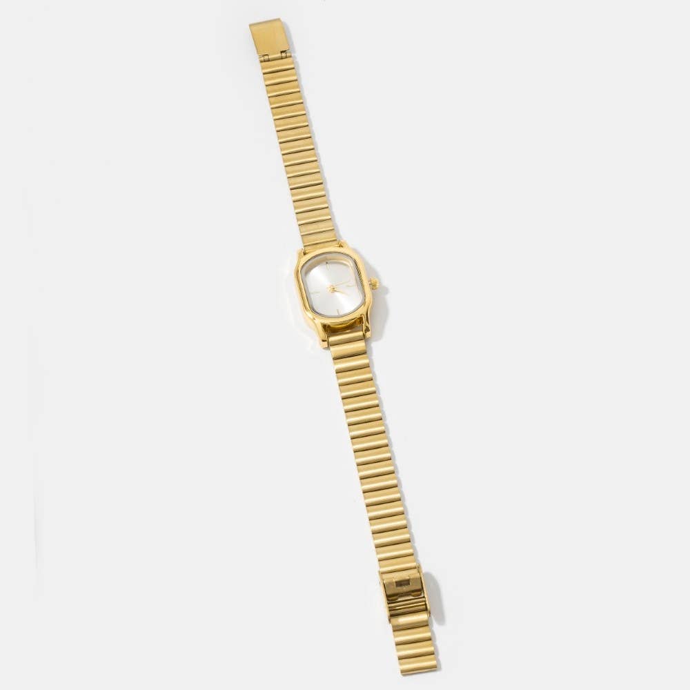 Ribbed Cushion Metallic Band Minimalist Rectangle Watch