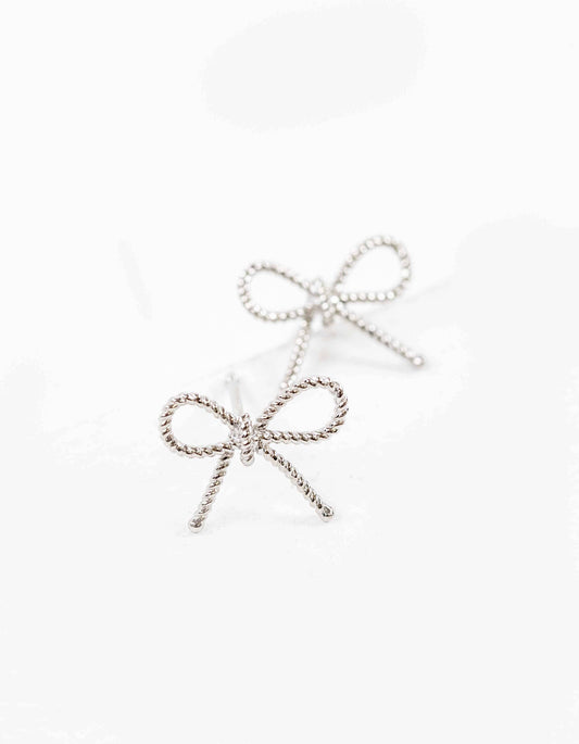 Ribbed Bow Charm Earrings | Silver