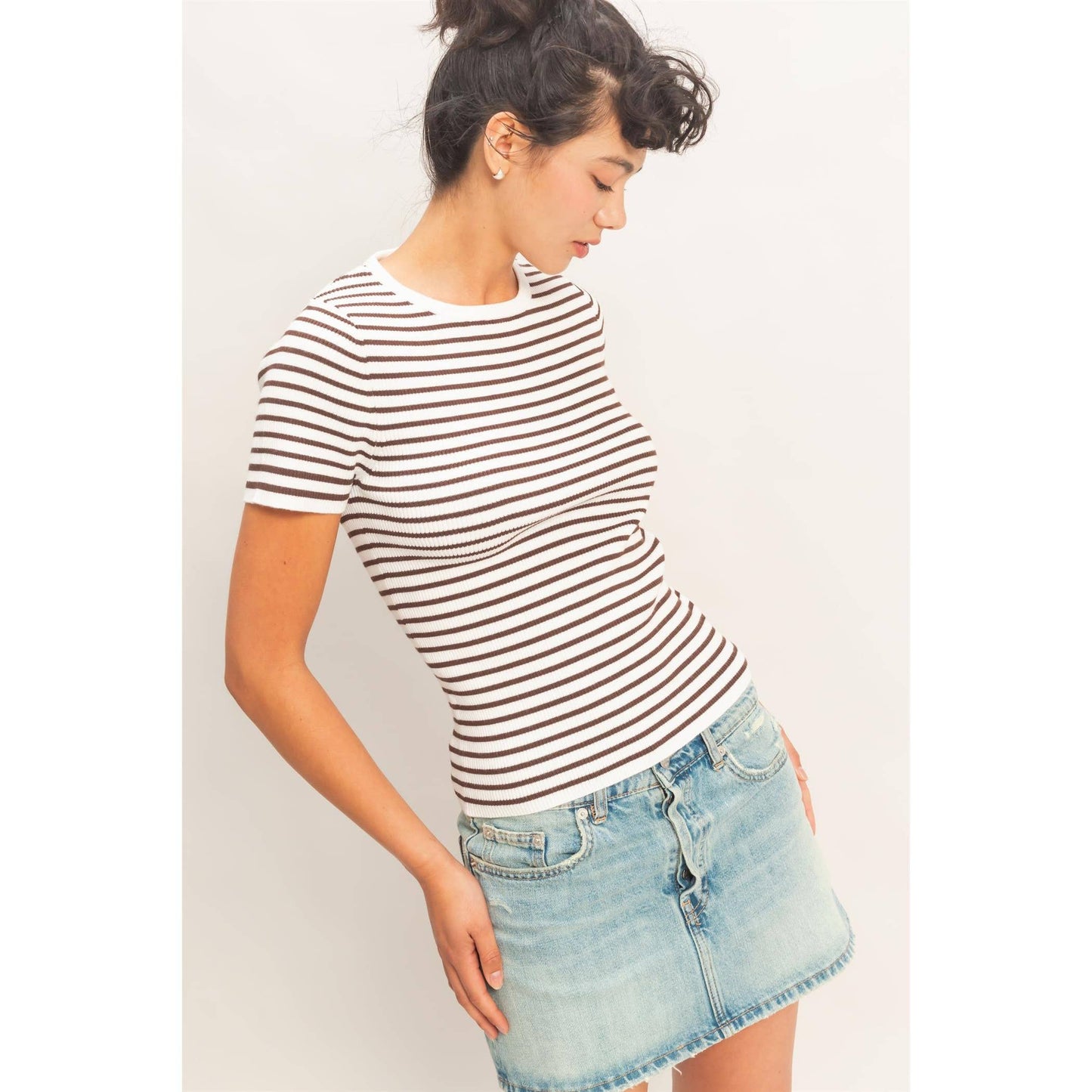Annie Striped Ribbed Short Sleeve Crew Neck Knit Top