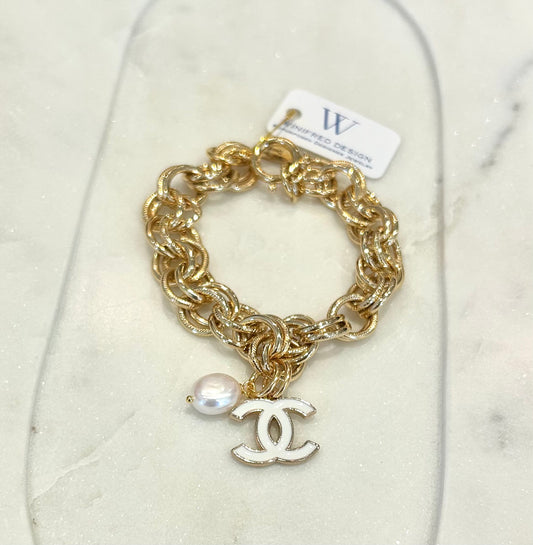 White Chanel/Pearl Drop Double Rolo Bracelet - Gold