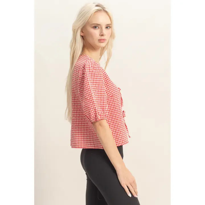 Gingham Bow Tie Puff Sleeve Blouse