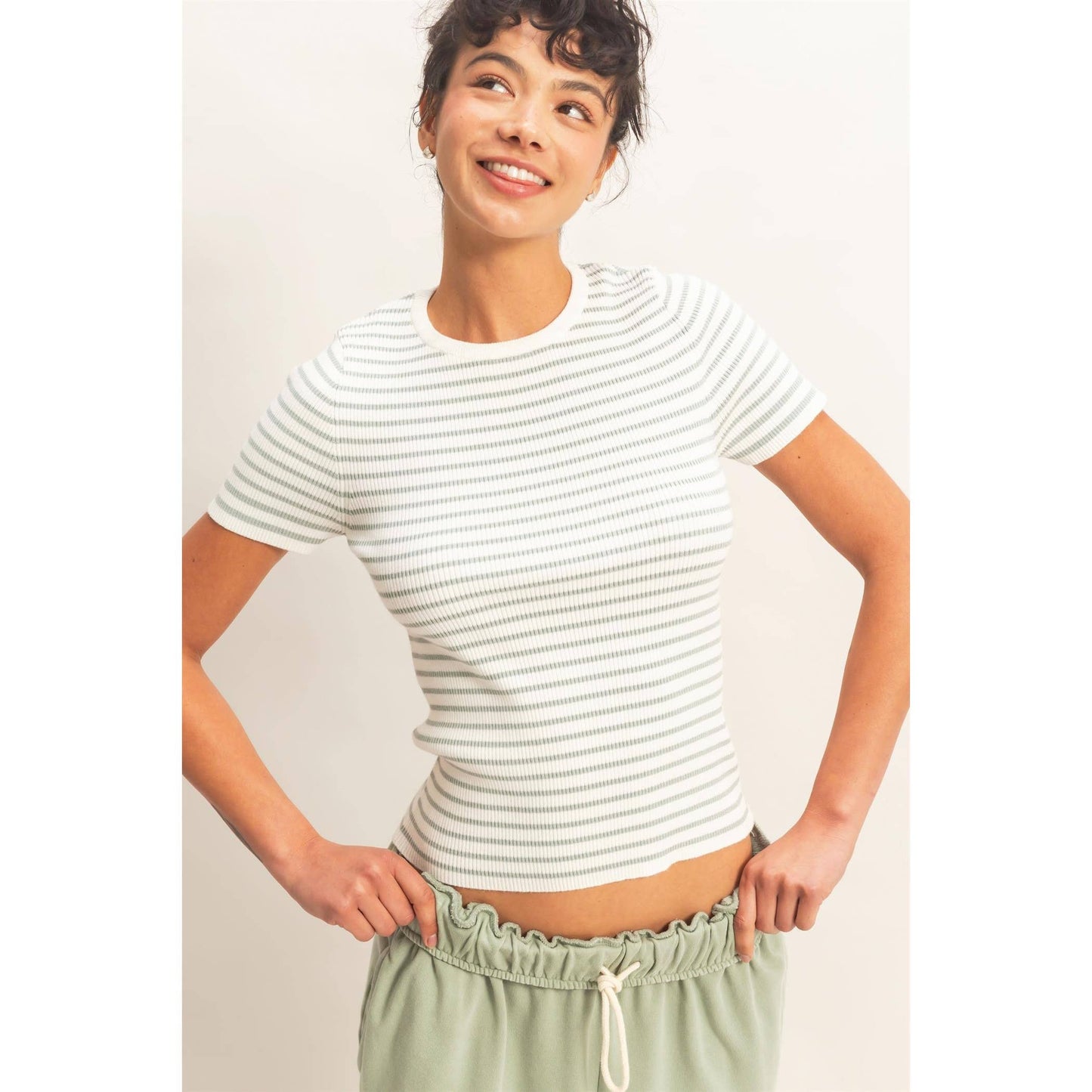 Annie Striped Ribbed Short Sleeve Crew Neck Knit Top