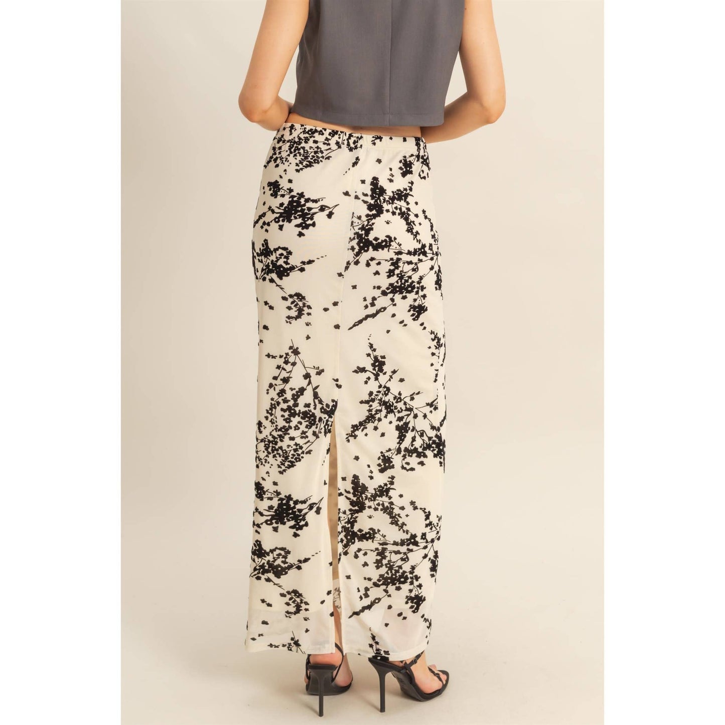 Floral Flocked Mesh Pencil Skirt
