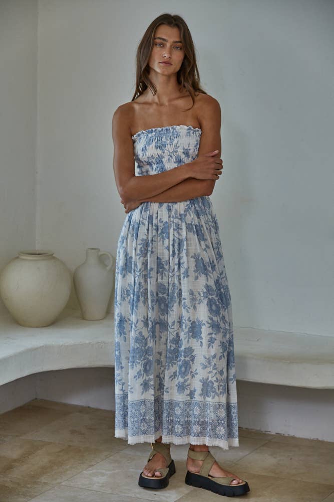 Carol Floral Smocked Strapless Midi
