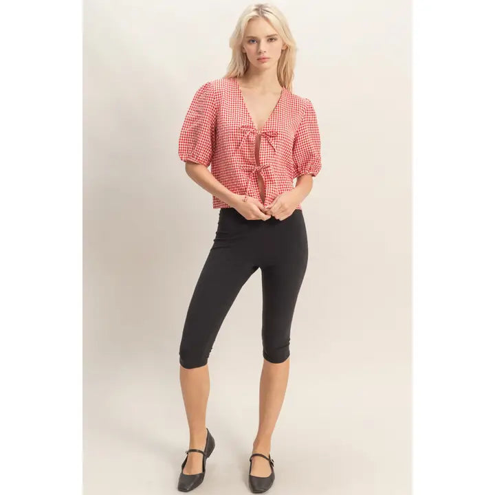 Gingham Bow Tie Puff Sleeve Blouse
