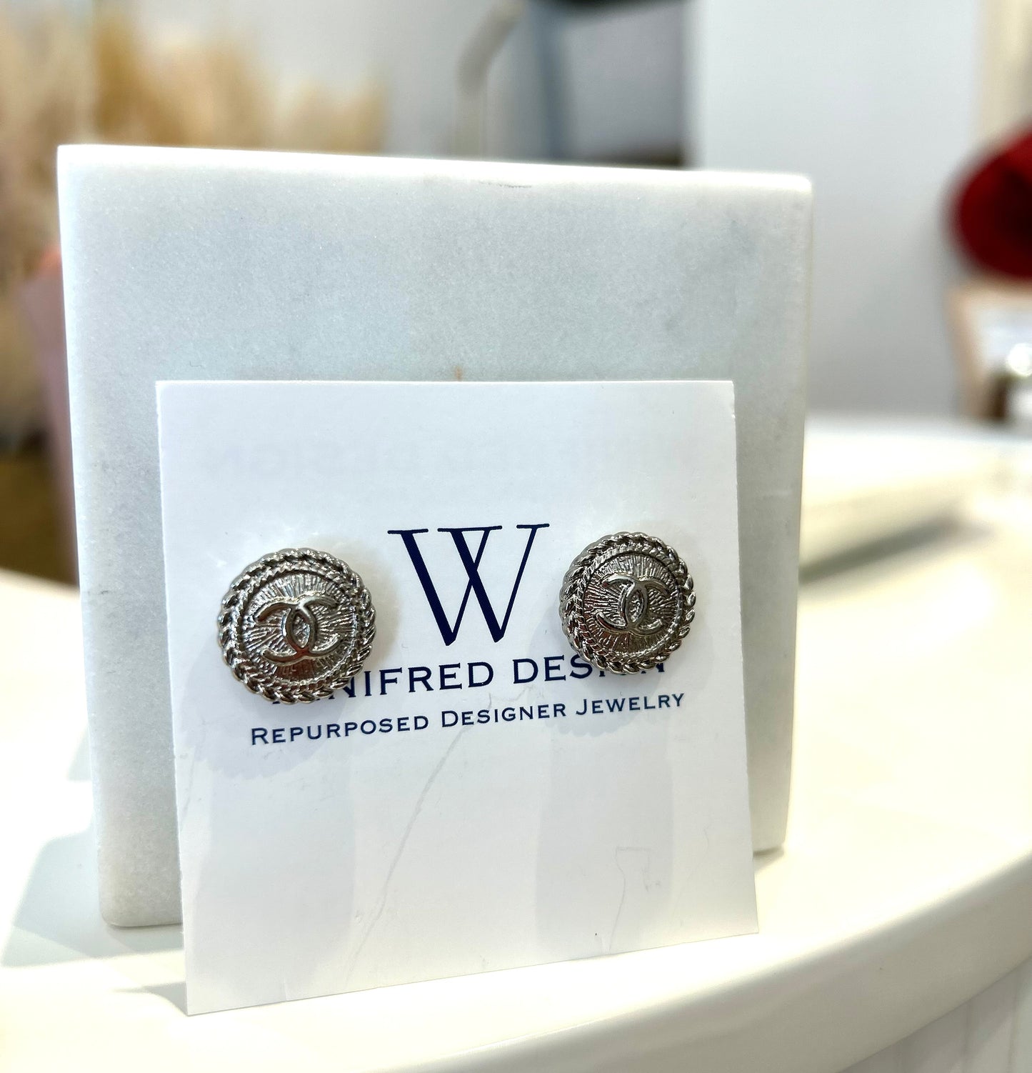 Silver Chanel Button Post Earrings