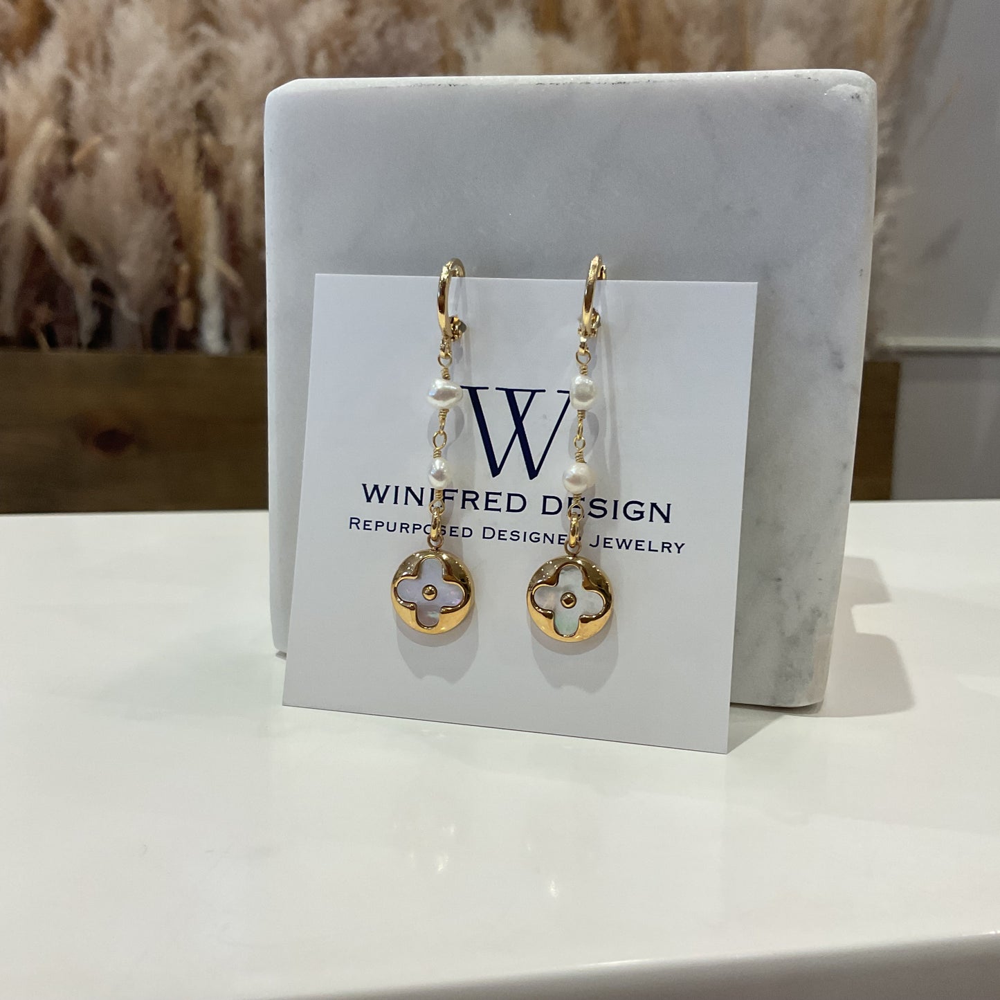 LV Circle Flower Huggies w/ Pearl Drops