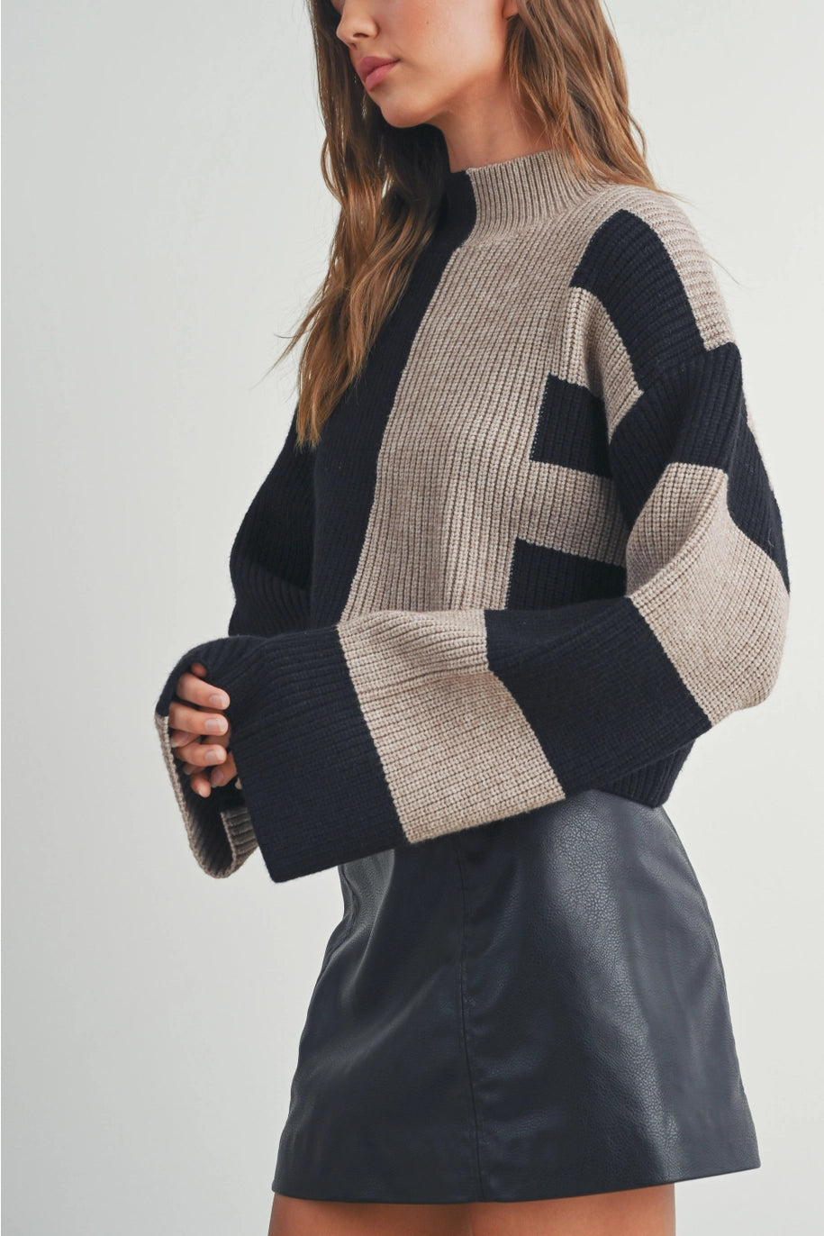 Color Block Mock Turtleneck Sweater