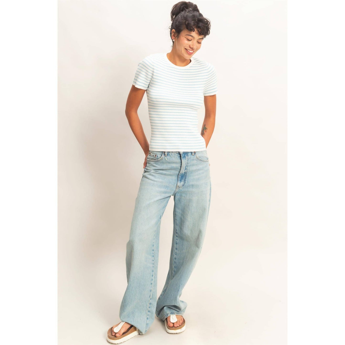 Annie Striped Ribbed Short Sleeve Crew Neck Knit Top