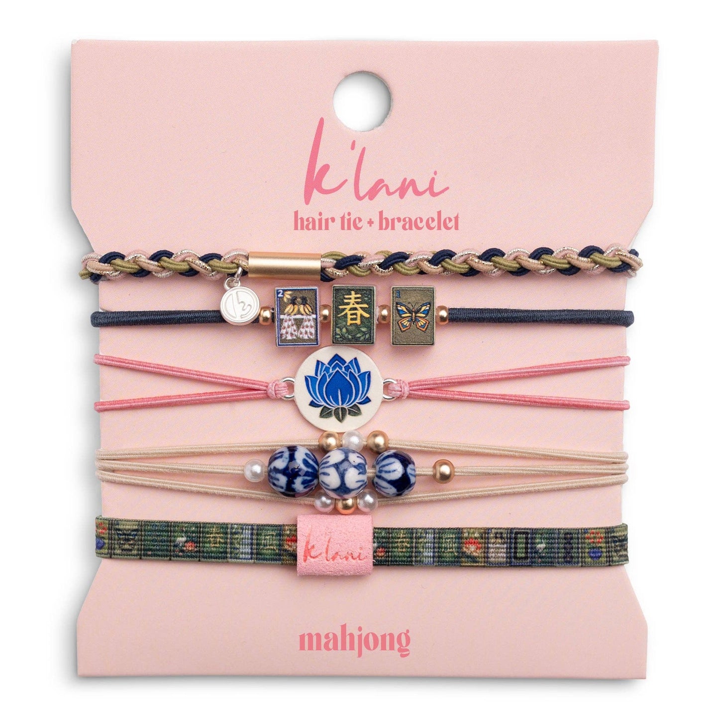 "Mahjong" Themed in Pink, Green & Blue with Lotus & Tile Accent Hair Tie Bracelets