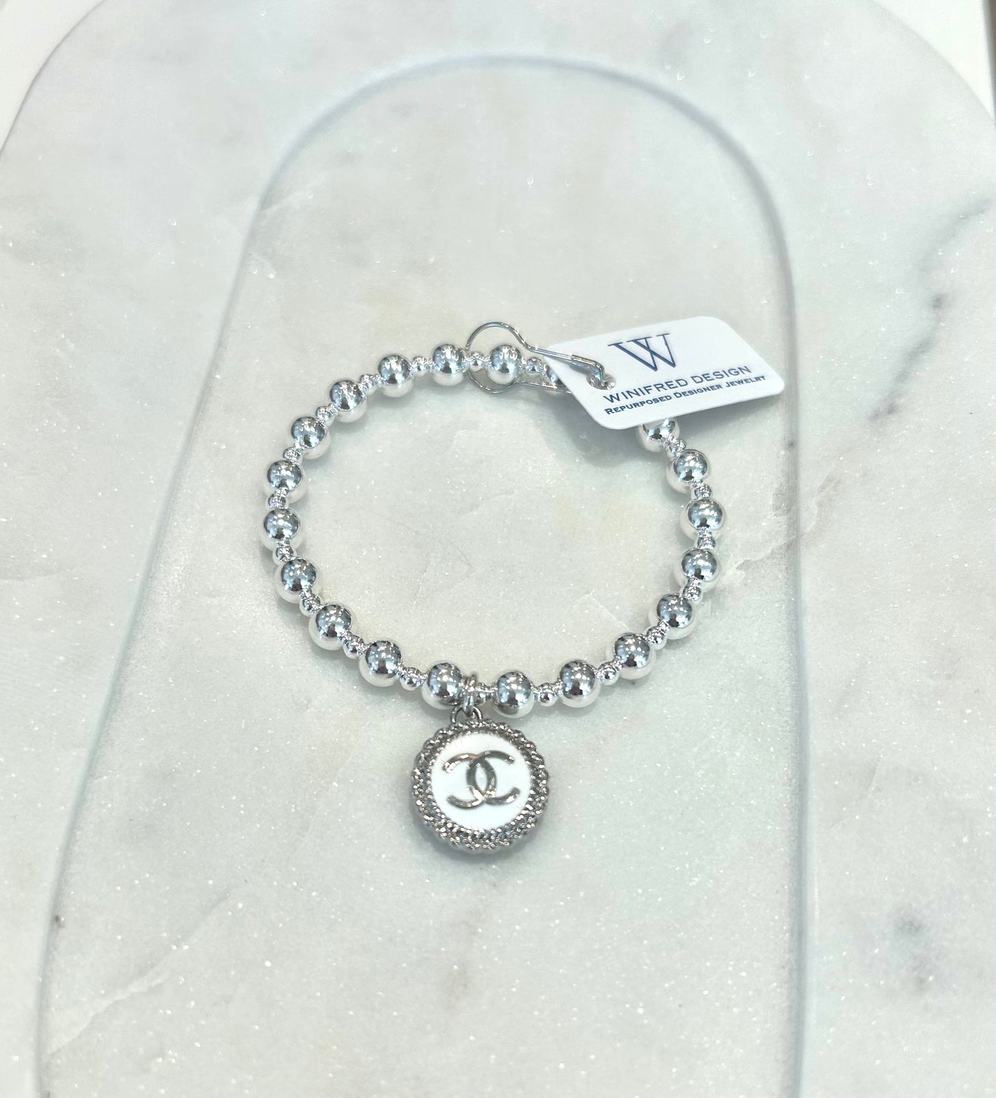White Chanel Stretch Bracelet - Silver
