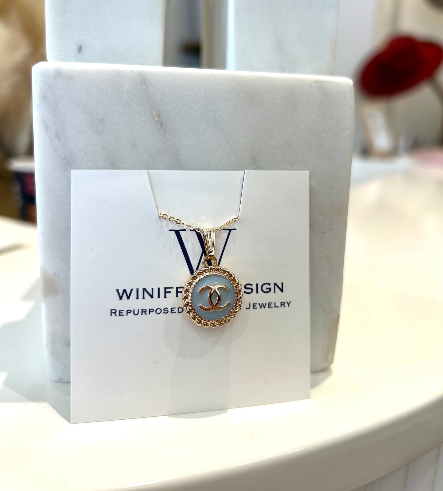 Gold Chanel Dainty Necklace - Baby Blue