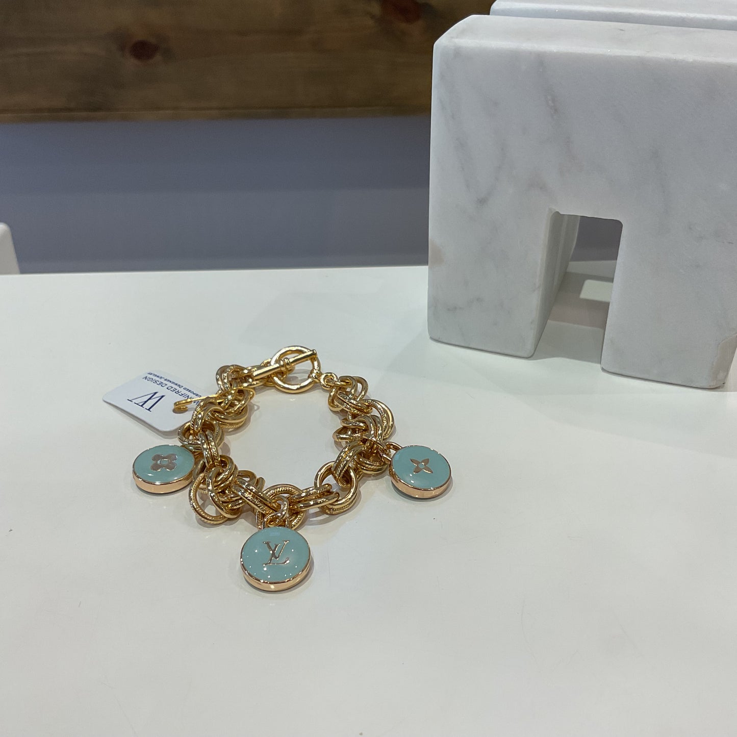 Gold Double Rolo Bracelet - Aqua LV Pendants