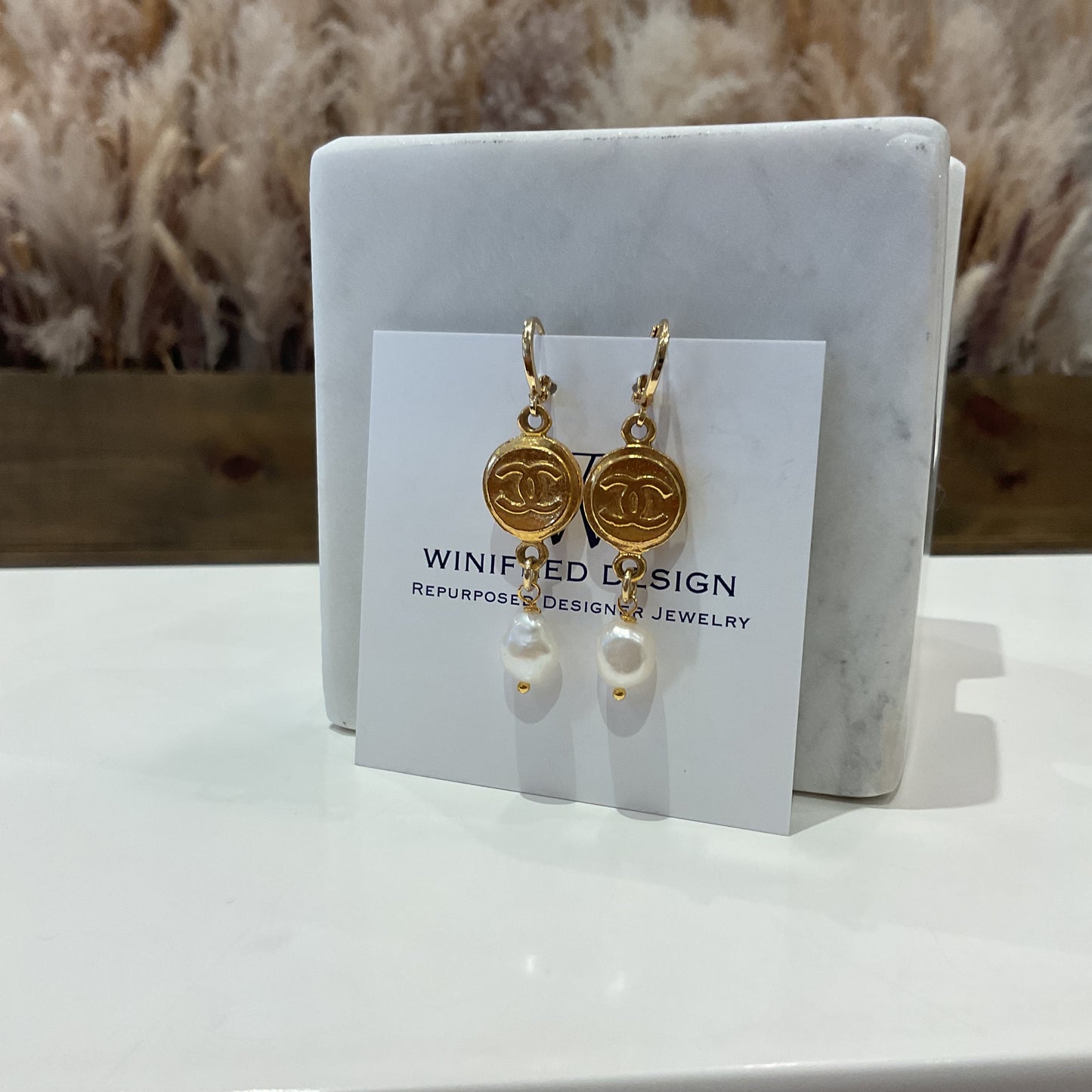 CC Huggie Earrings with Pearl Drop