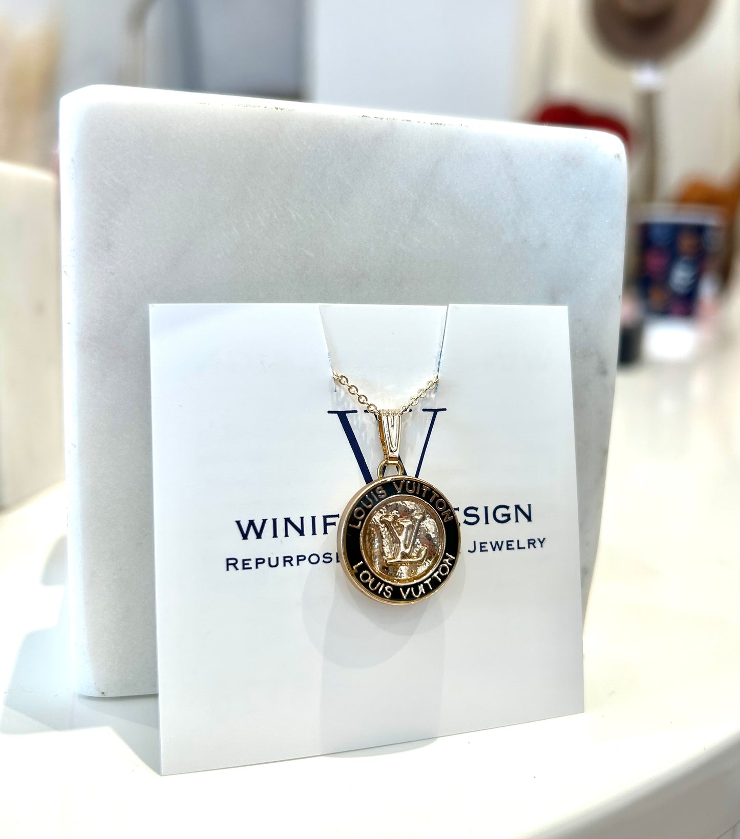Gold LV Dainty Necklace - Black