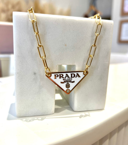White Prada Gold Paperclip Necklace