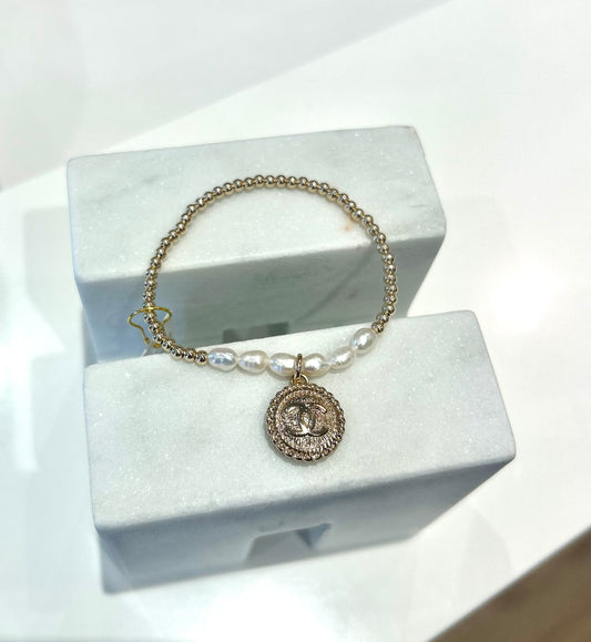 Gold/Pearl CC Stretch Bracelet