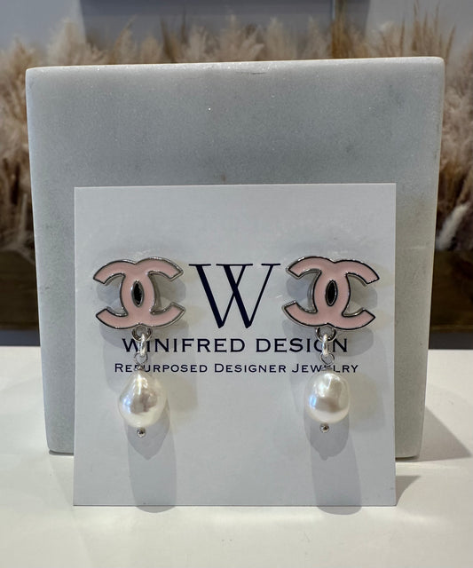 Pink Chanel Silver Earrings w/ Pearl Drop